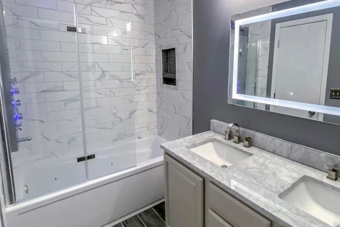 a newly renovated bright and modern bathroom